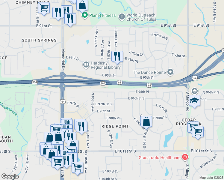 map of restaurants, bars, coffee shops, grocery stores, and more near 9516 South 87th Avenue East in Tulsa