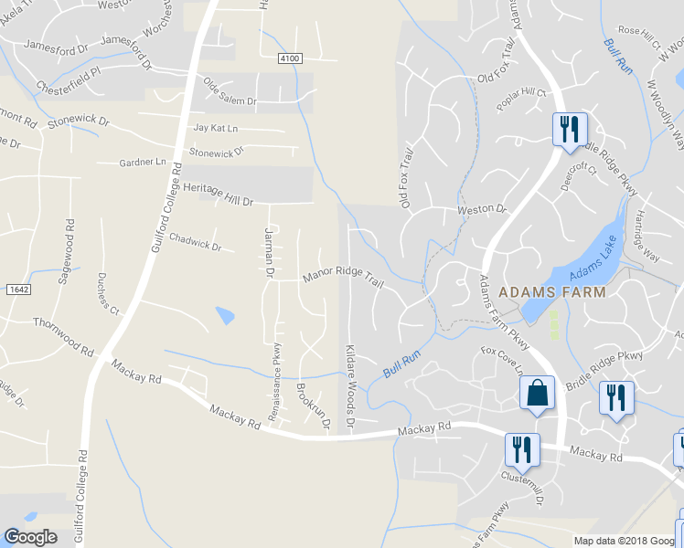 map of restaurants, bars, coffee shops, grocery stores, and more near 1800 Kildare Woods Drive in Greensboro