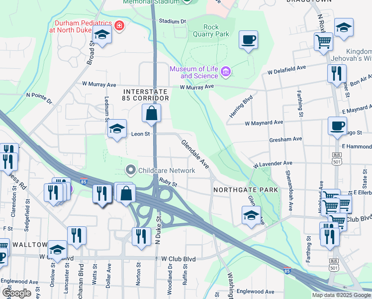 map of restaurants, bars, coffee shops, grocery stores, and more near 2603 Glendale Avenue in Durham