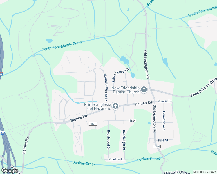 map of restaurants, bars, coffee shops, grocery stores, and more near 4165 Meredith Woods Lane in Winston-Salem