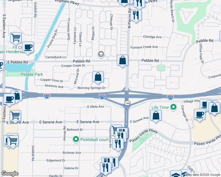 map of restaurants, bars, coffee shops, grocery stores, and more near 9070 Trombone Lane in Henderson
