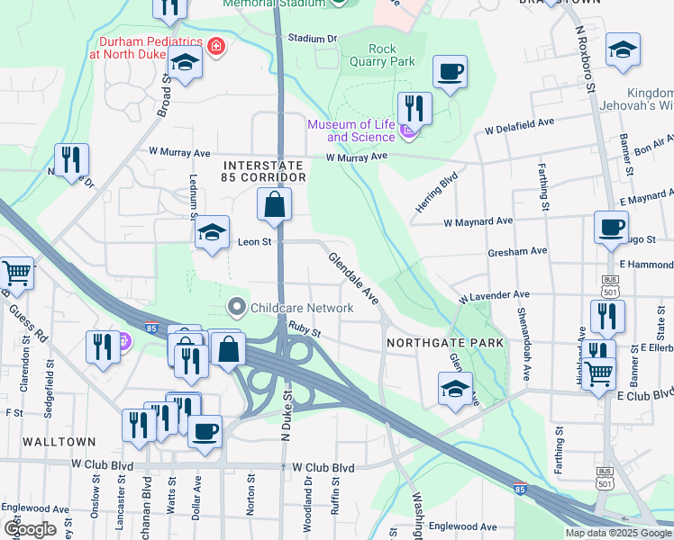 map of restaurants, bars, coffee shops, grocery stores, and more near 2603 Glendale Avenue in Durham