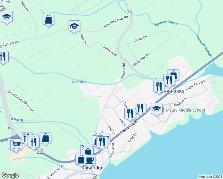 map of restaurants, bars, coffee shops, grocery stores, and more near 955 Nichols Road in Dandridge