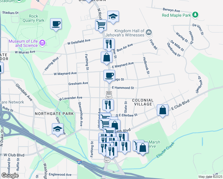 map of restaurants, bars, coffee shops, grocery stores, and more near 2614 North Roxboro Street in Durham