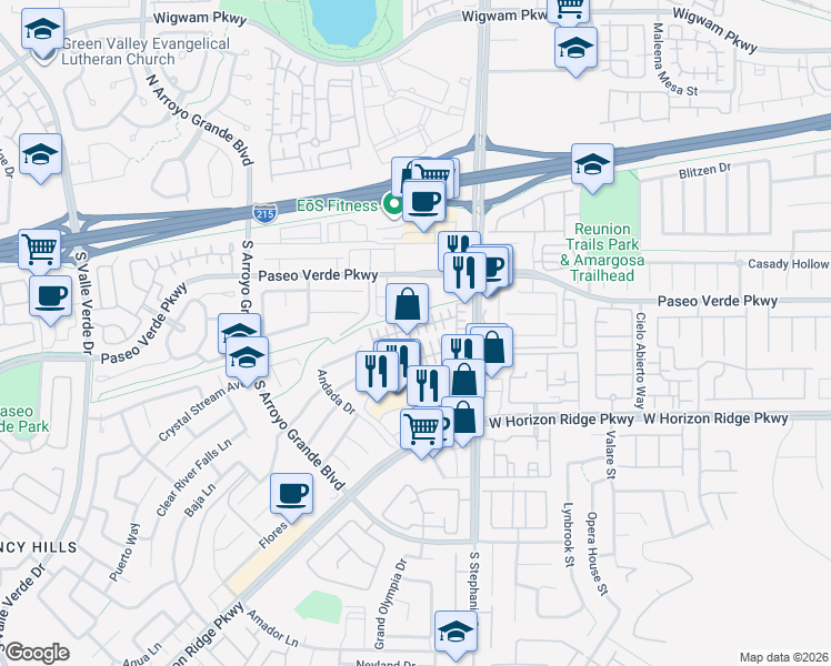 map of restaurants, bars, coffee shops, grocery stores, and more near 1449 Evening Song Avenue in Henderson