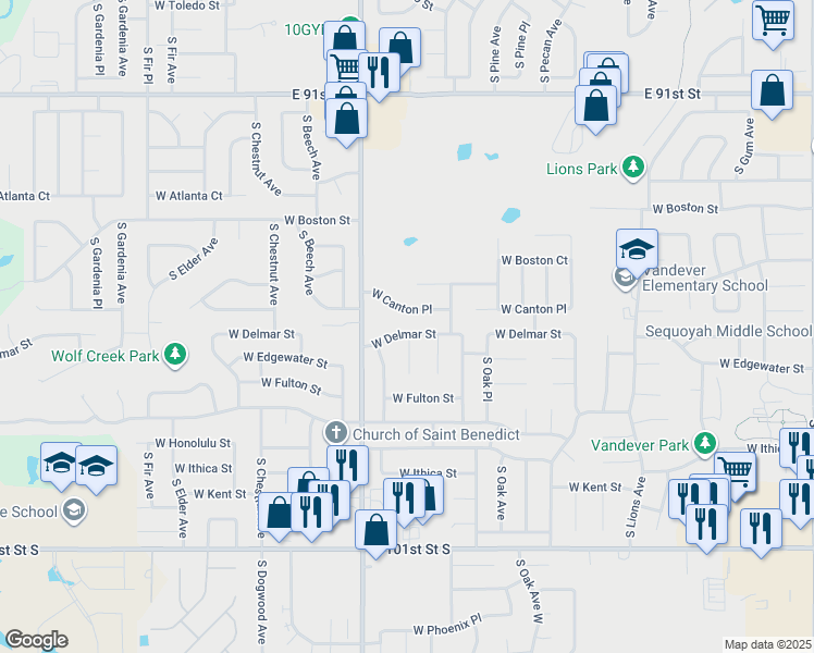 map of restaurants, bars, coffee shops, grocery stores, and more near 2005 West Delmar Street in Broken Arrow