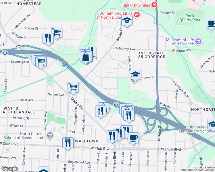 map of restaurants, bars, coffee shops, grocery stores, and more near 1317 East Hudson Avenue in Durham