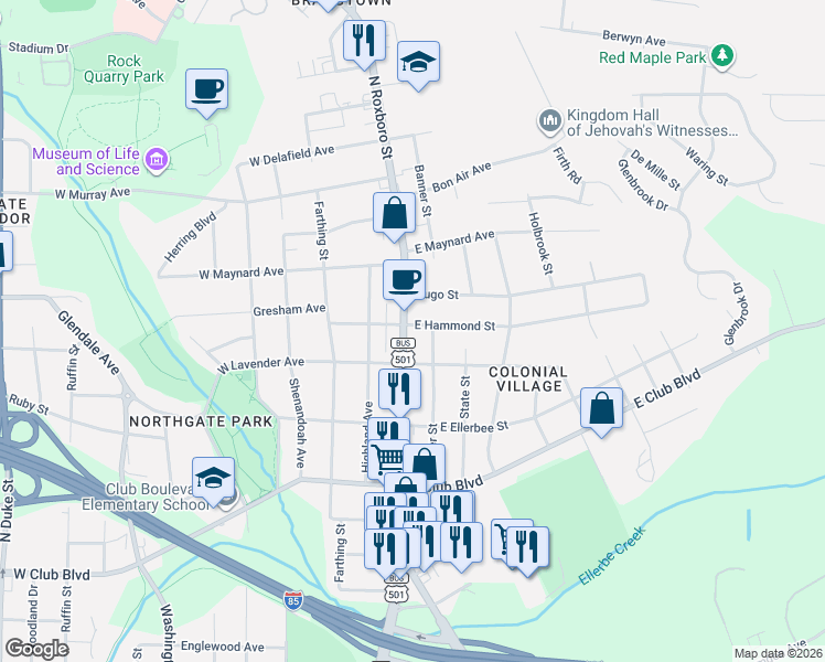 map of restaurants, bars, coffee shops, grocery stores, and more near 2608 North Roxboro Street in Durham