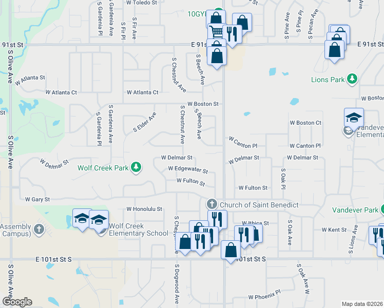 map of restaurants, bars, coffee shops, grocery stores, and more near 2309 West Delmar Street in Broken Arrow