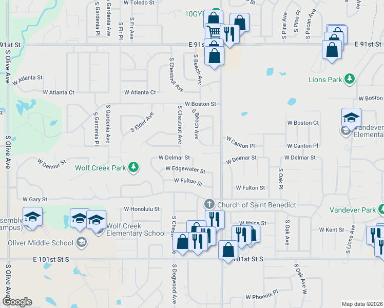 map of restaurants, bars, coffee shops, grocery stores, and more near 2309 West Delmar Street in Broken Arrow