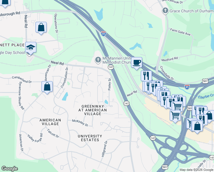 map of restaurants, bars, coffee shops, grocery stores, and more near 546 Finley Street in Durham