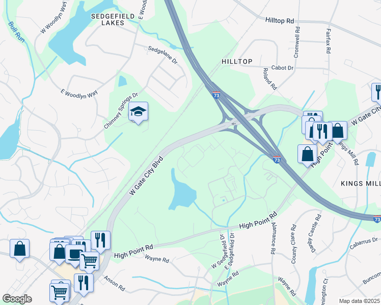 map of restaurants, bars, coffee shops, grocery stores, and more near 2708 Alamance Road in Jamestown