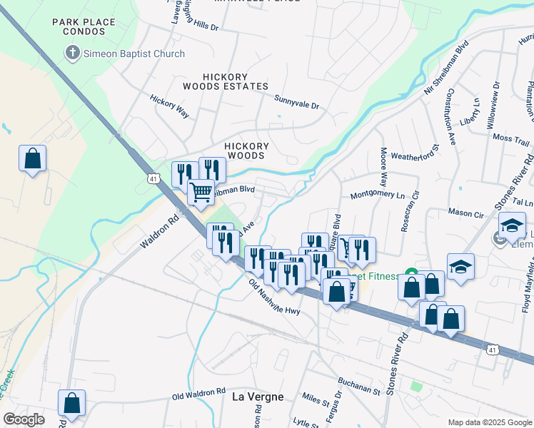 map of restaurants, bars, coffee shops, grocery stores, and more near 4112 Nir Shreibman Boulevard in La Vergne