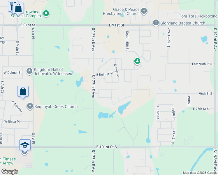 map of restaurants, bars, coffee shops, grocery stores, and more near 2611 South 10th Street in Broken Arrow