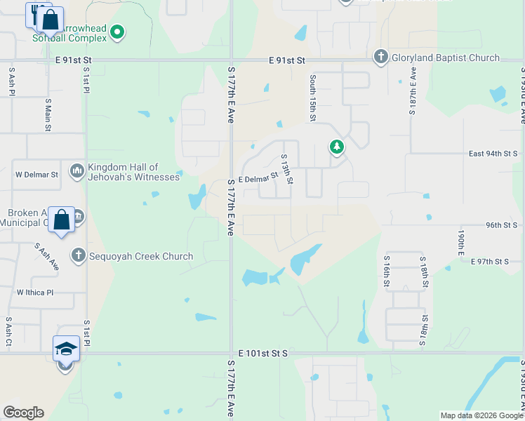 map of restaurants, bars, coffee shops, grocery stores, and more near 2611 South 10th Street in Broken Arrow