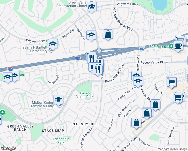 map of restaurants, bars, coffee shops, grocery stores, and more near 75 South Valle Verde Drive in Henderson