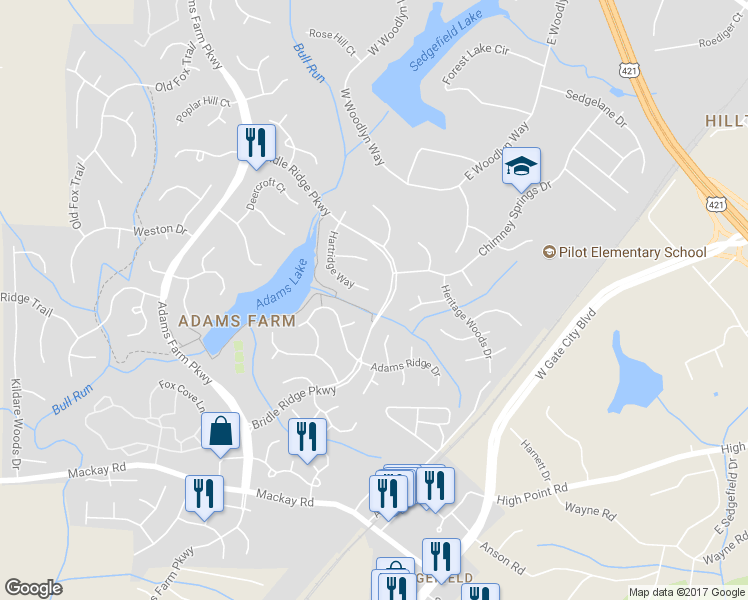 map of restaurants, bars, coffee shops, grocery stores, and more near 5122 Hartridge Way in Greensboro