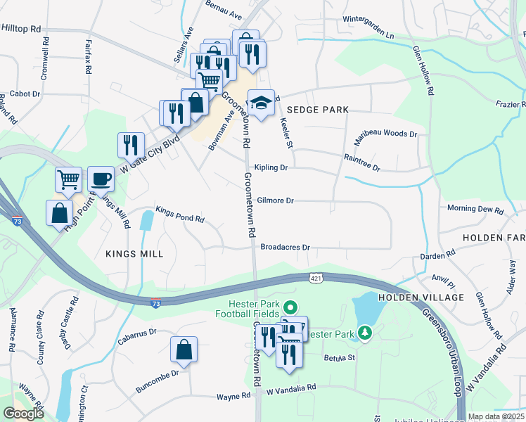 map of restaurants, bars, coffee shops, grocery stores, and more near 4017 Gilmore Drive in Greensboro