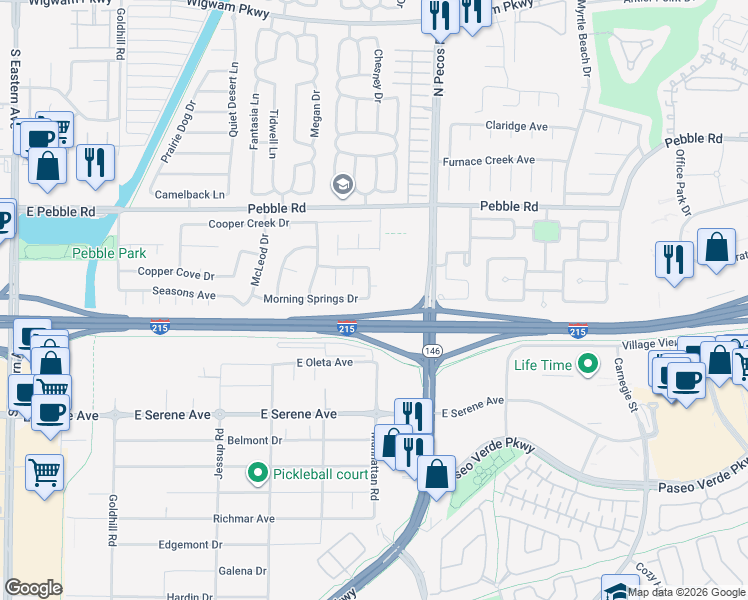 map of restaurants, bars, coffee shops, grocery stores, and more near 9070 Trombone Lane in Henderson