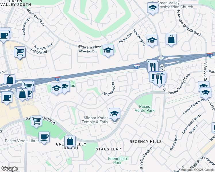 map of restaurants, bars, coffee shops, grocery stores, and more near Tanglewood Drive in Henderson