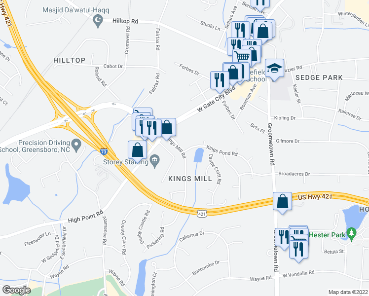 map of restaurants, bars, coffee shops, grocery stores, and more near 3001 Kings Pond Road in Greensboro