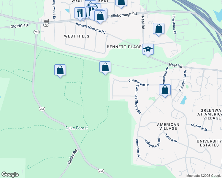 map of restaurants, bars, coffee shops, grocery stores, and more near 5005 Kettle Creek Road in Durham