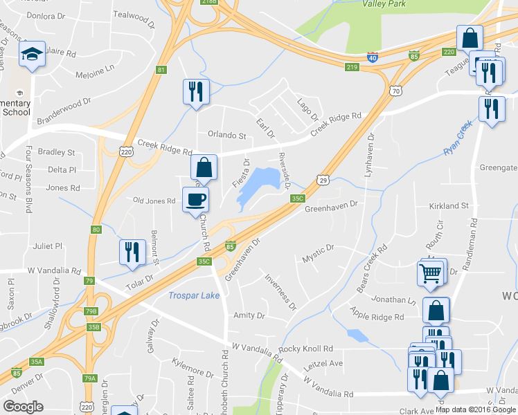 map of restaurants, bars, coffee shops, grocery stores, and more near 3537 Riverside Drive in Greensboro
