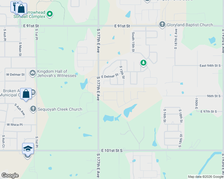 map of restaurants, bars, coffee shops, grocery stores, and more near 2611 South 10th Street in Broken Arrow