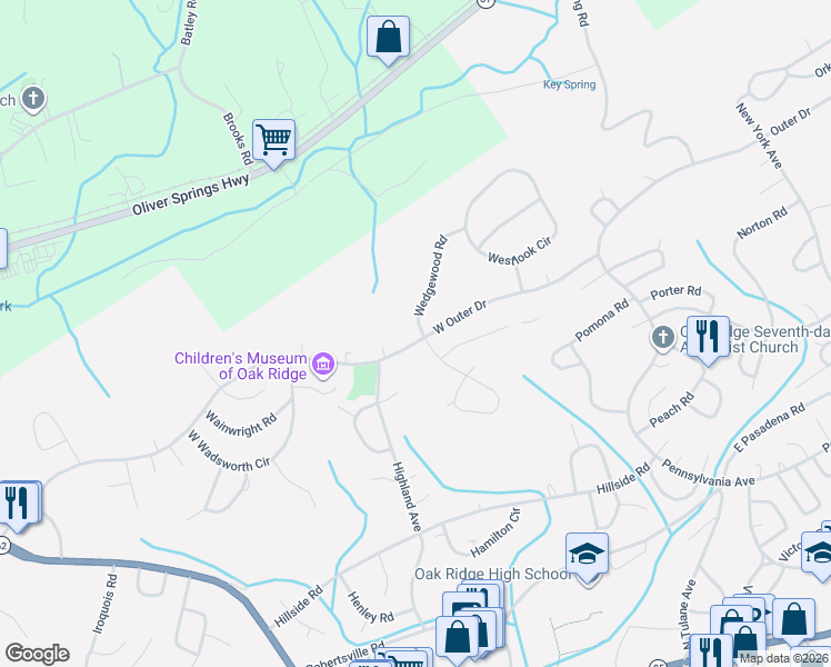 map of restaurants, bars, coffee shops, grocery stores, and more near 419 West Outer Drive in Oak Ridge