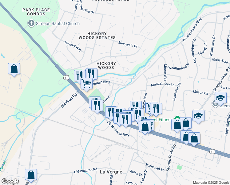 map of restaurants, bars, coffee shops, grocery stores, and more near 4112 Nir Shreibman Boulevard in La Vergne