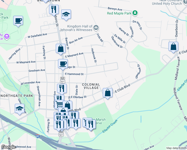 map of restaurants, bars, coffee shops, grocery stores, and more near 606 East Hammond Street in Durham