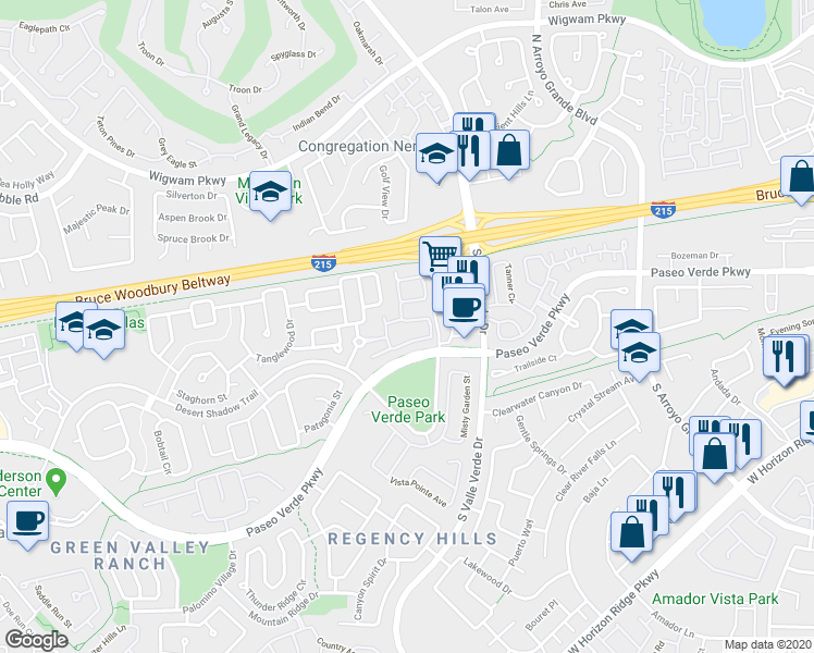 map of restaurants, bars, coffee shops, grocery stores, and more near 1843 Thunder Mountain Drive in Henderson