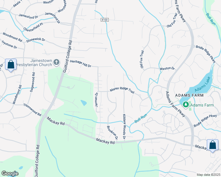 map of restaurants, bars, coffee shops, grocery stores, and more near 5912 Manor Ridge Trail in Jamestown