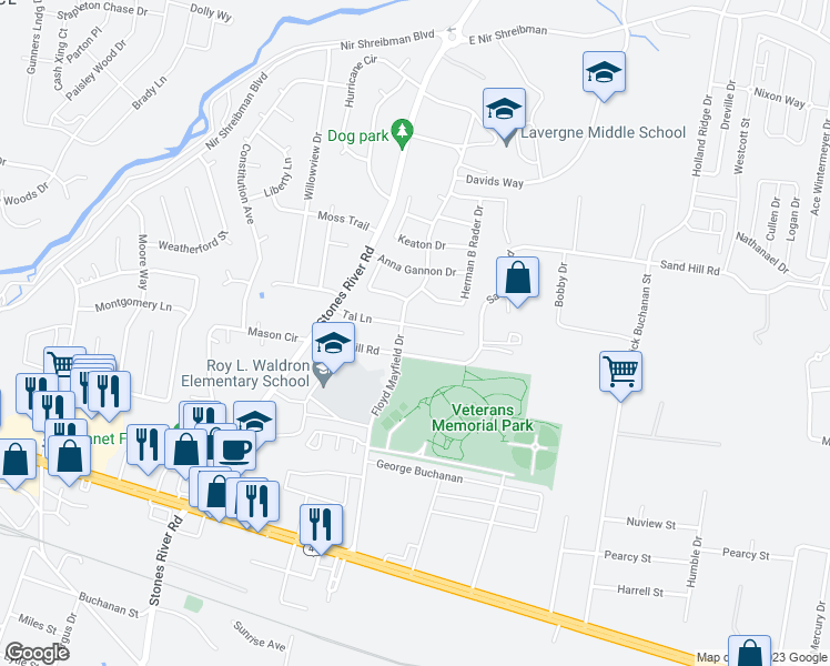 map of restaurants, bars, coffee shops, grocery stores, and more near 918 Tal Lane in La Vergne