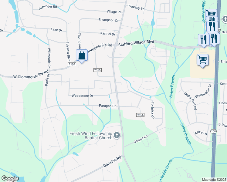 map of restaurants, bars, coffee shops, grocery stores, and more near 1714 Woodstone Drive in Winston-Salem