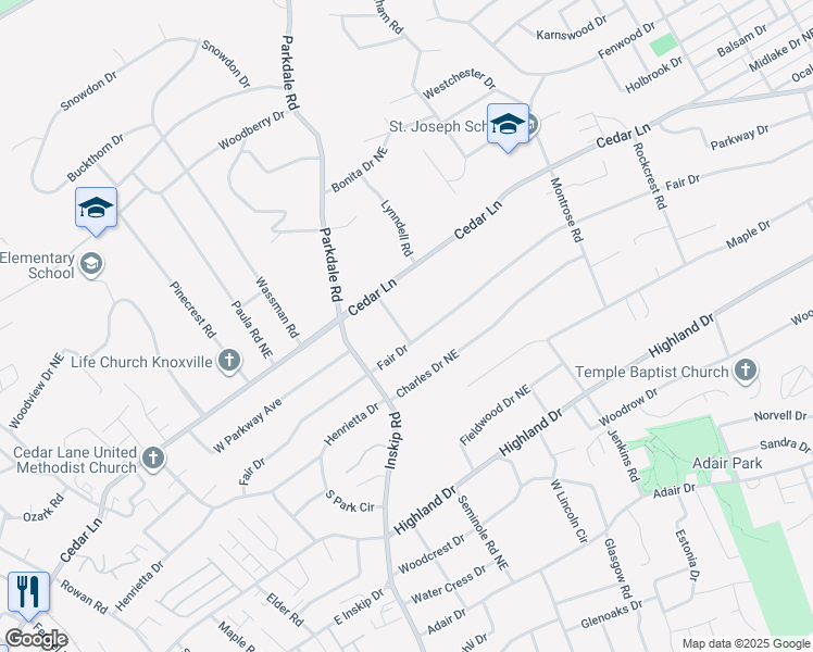map of restaurants, bars, coffee shops, grocery stores, and more near 1406 Fair Drive in Knoxville