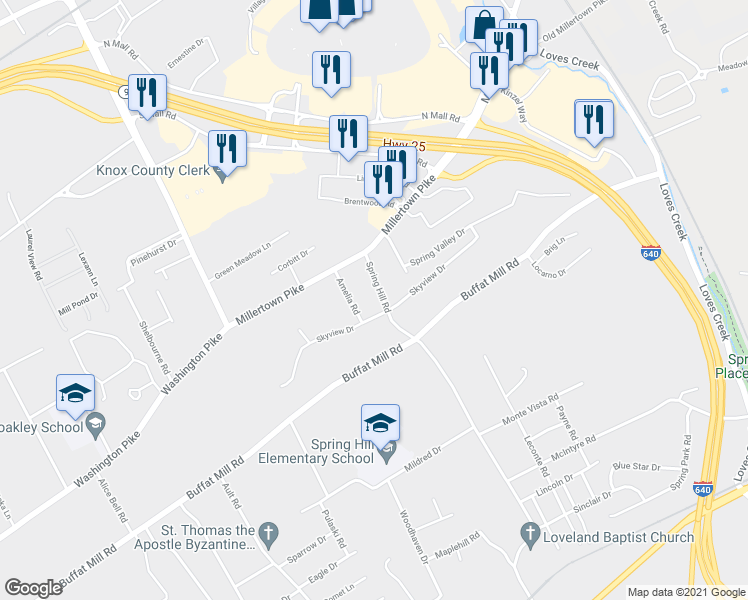 map of restaurants, bars, coffee shops, grocery stores, and more near 2705 Spring Hill Road in Knoxville