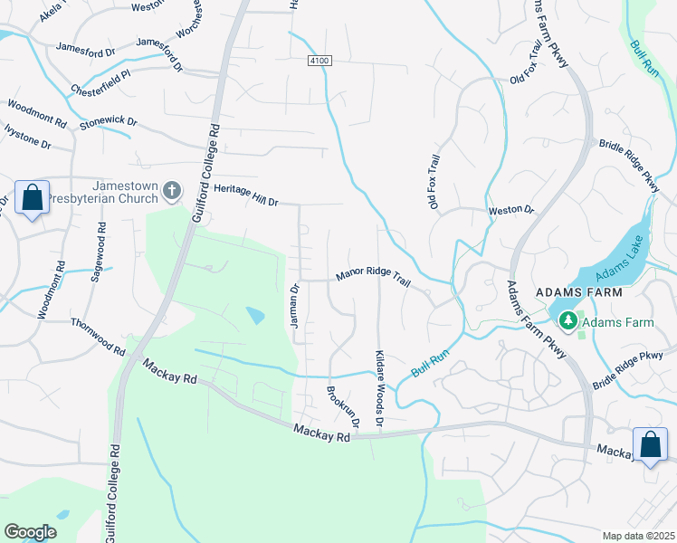 map of restaurants, bars, coffee shops, grocery stores, and more near 5912 Manor Ridge Trail in Jamestown