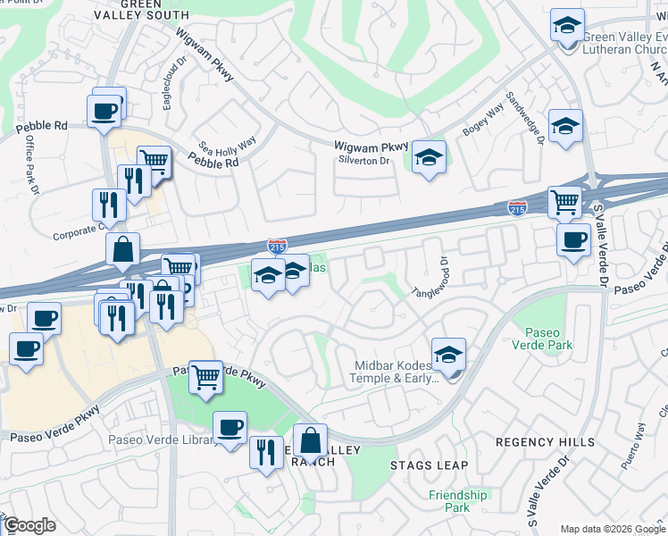 map of restaurants, bars, coffee shops, grocery stores, and more near 12 Golden View Street in Henderson