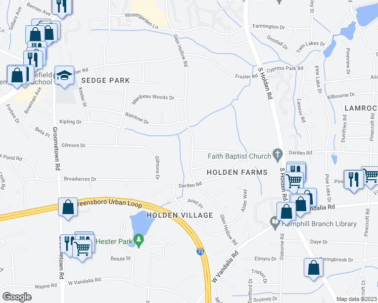 map of restaurants, bars, coffee shops, grocery stores, and more near 2900 Glen Hollow Road in Greensboro