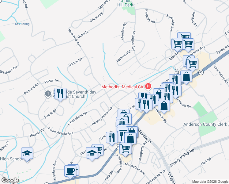 map of restaurants, bars, coffee shops, grocery stores, and more near 226 West Tennessee Avenue in Oak Ridge