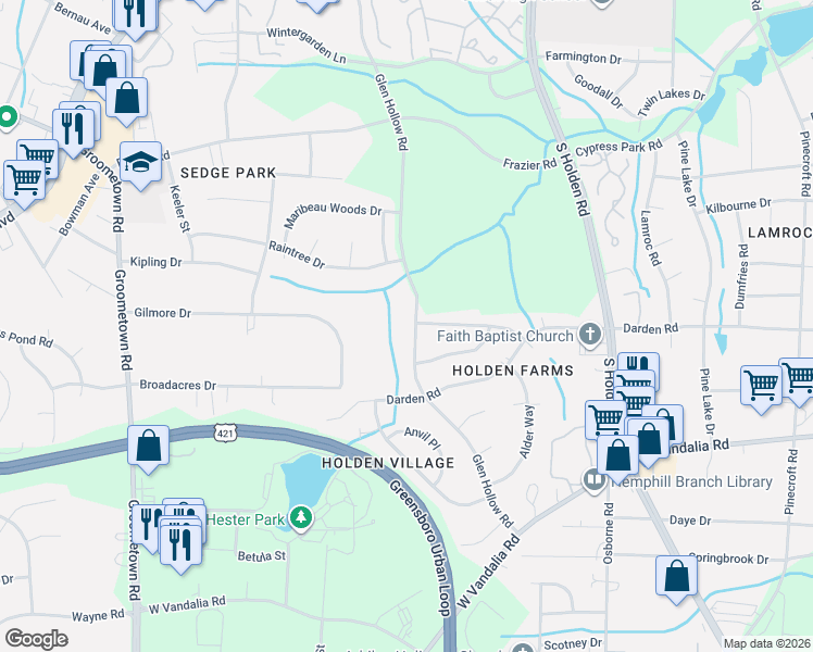 map of restaurants, bars, coffee shops, grocery stores, and more near 2906 Glen Hollow Road in Greensboro