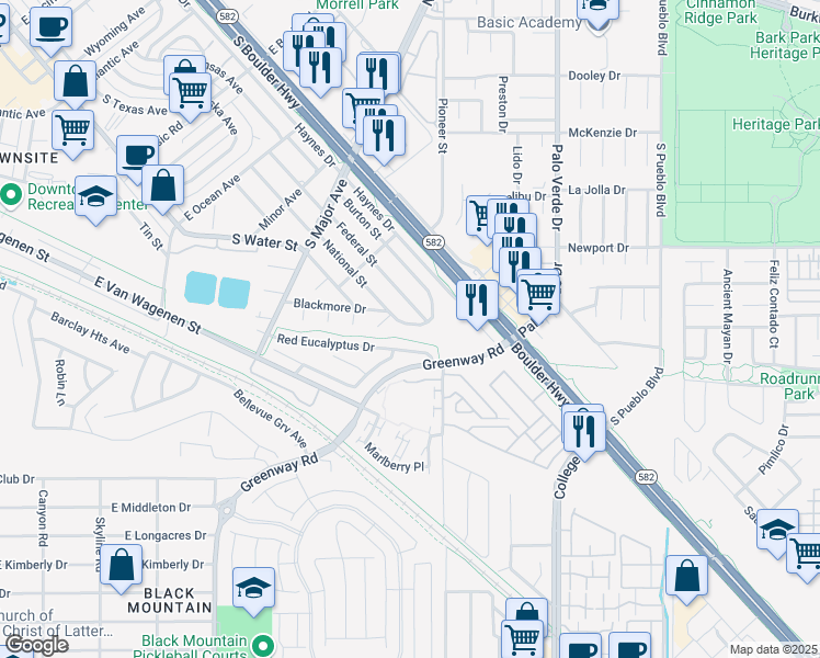 map of restaurants, bars, coffee shops, grocery stores, and more near 676 Blackmore Drive in Henderson
