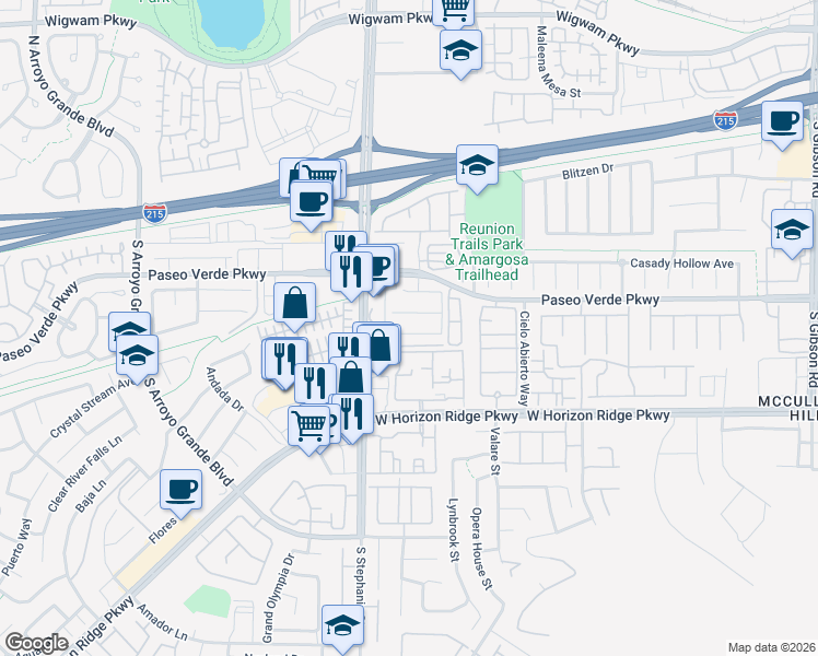 map of restaurants, bars, coffee shops, grocery stores, and more near 1340 Spice Ridge Court in Henderson