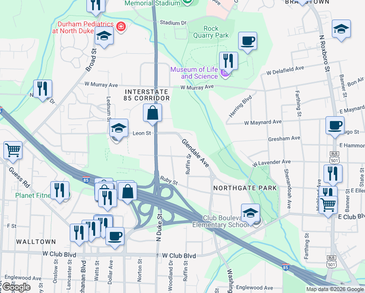 map of restaurants, bars, coffee shops, grocery stores, and more near 2117 Ruffin Street in Durham