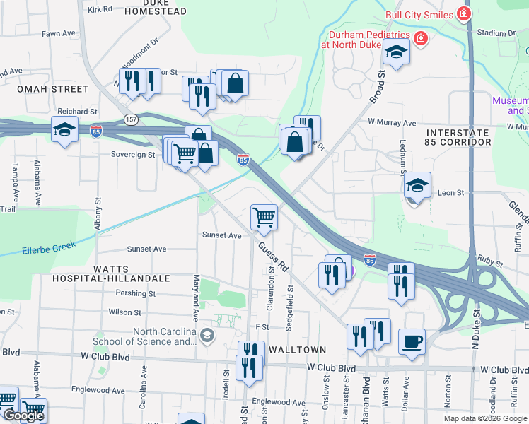 map of restaurants, bars, coffee shops, grocery stores, and more near 1717 Hillcrest Drive in Durham