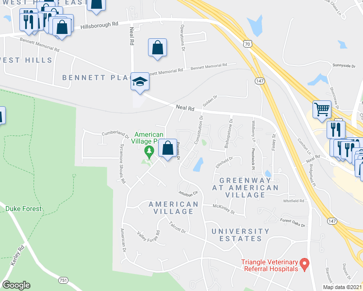 map of restaurants, bars, coffee shops, grocery stores, and more near 67 Pocono Drive in Durham