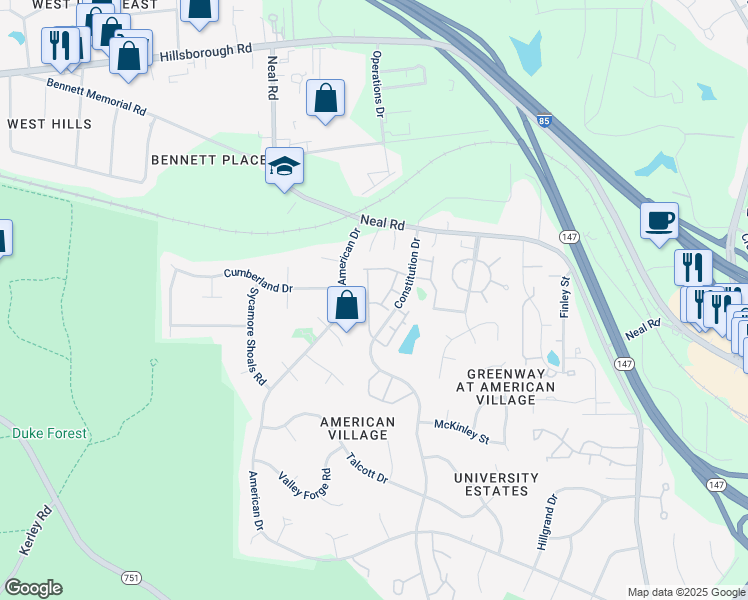 map of restaurants, bars, coffee shops, grocery stores, and more near 67 Pocono Drive in Durham
