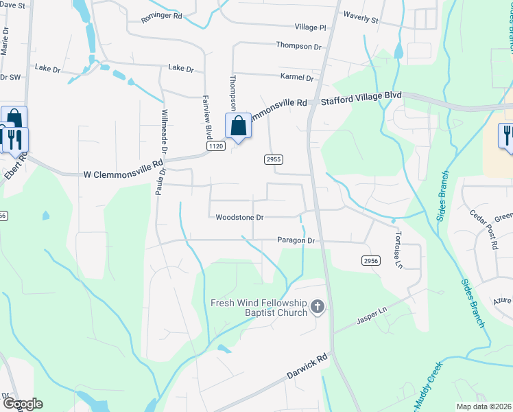 map of restaurants, bars, coffee shops, grocery stores, and more near 1790 Woodstone Drive in Winston-Salem