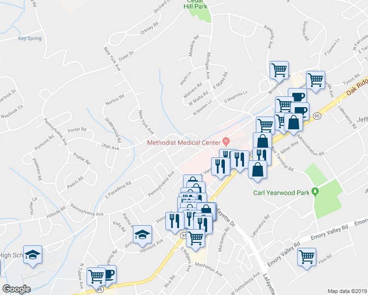 map of restaurants, bars, coffee shops, grocery stores, and more near 133 Nesper Road in Oak Ridge